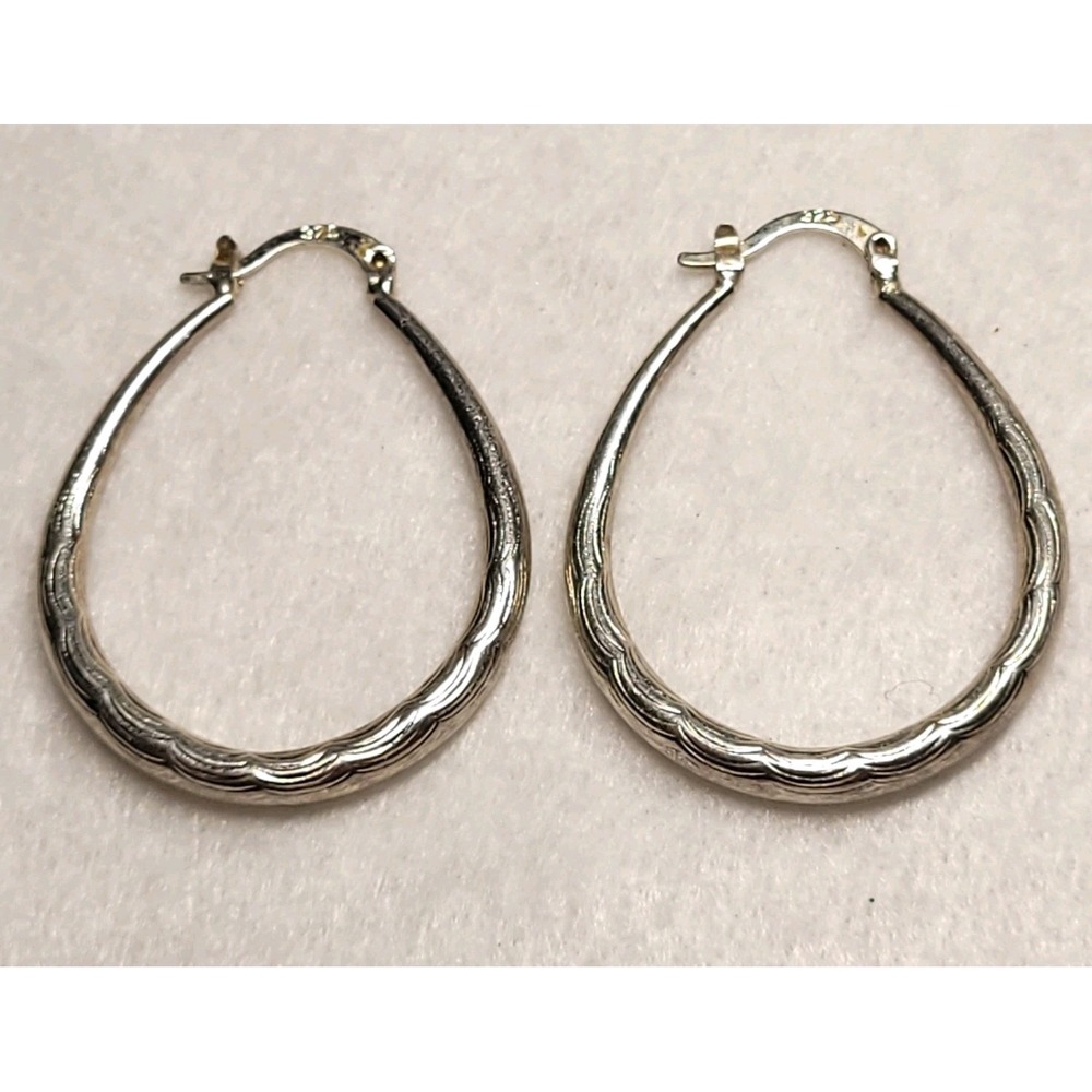 925 Sterling Silver Hoop Earrings Scalloped Wave Pattern Textured Modernist